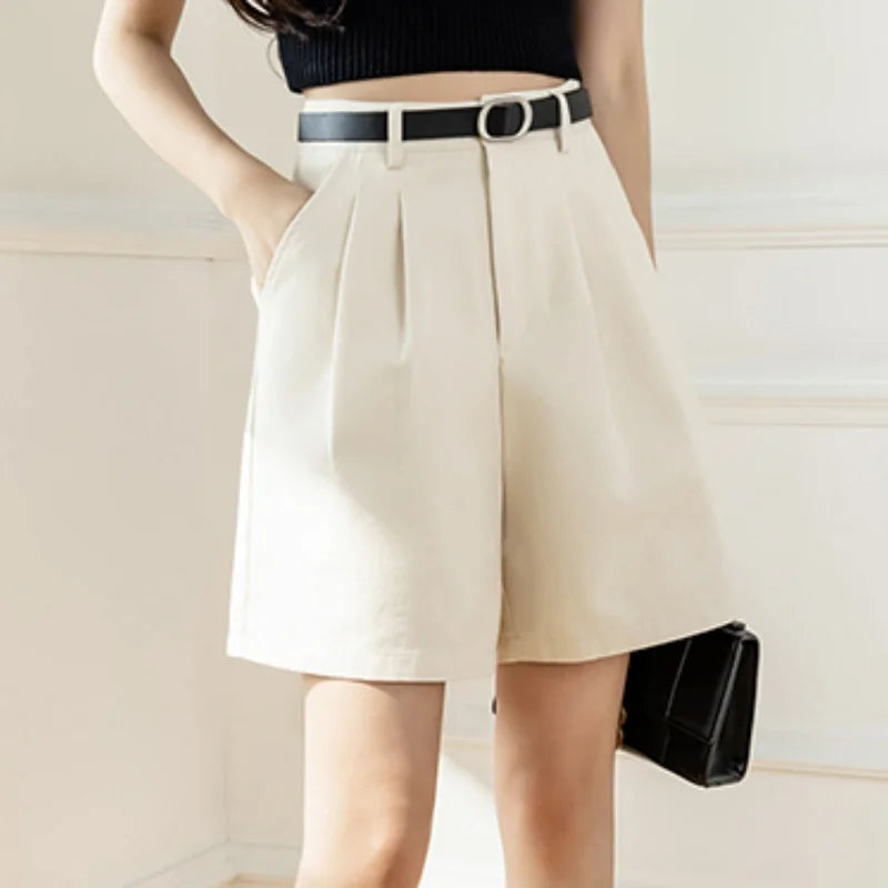 Women 2024 Summer Pockets Solid High Waist Wide Leg Straight Workwear Suit Shorts